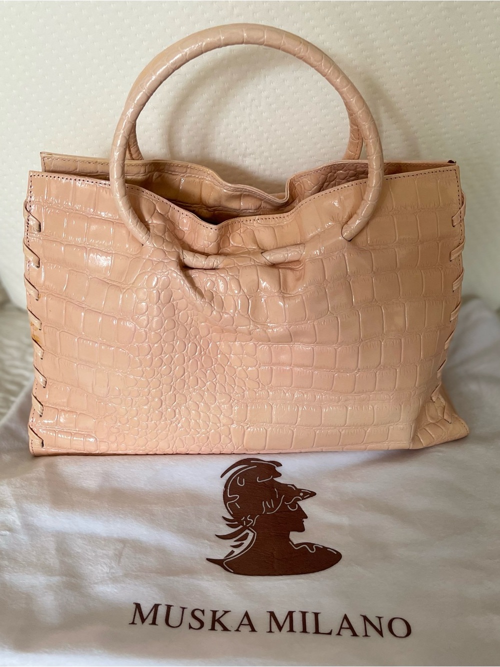 Vintage Muska Milano Pink Croc Embossed Genuine Leather Tote Shoulder Bag Italy